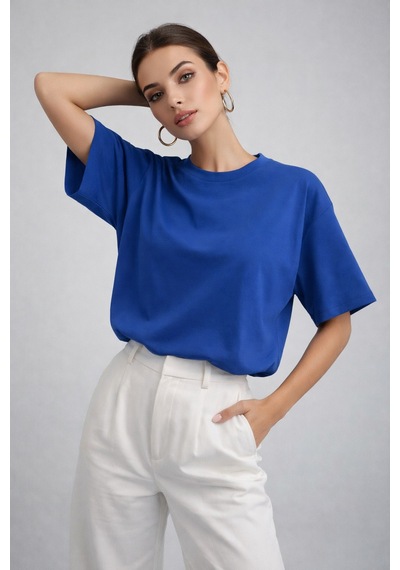 Kadın Saks Mavi %100 Pamuk Oversize Basic Tişört Rahat Kalıp Relaxed Bisiklet Yaka T-shirt Saks Mavi