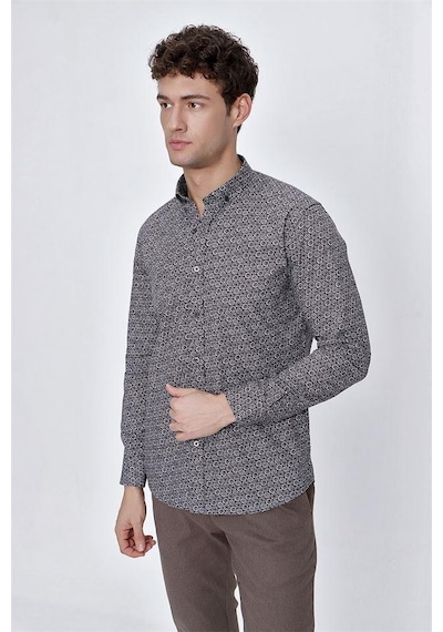 İmza Koyu Kahverengi Uzun Kol Baskılı Bez Ayağı Gömlek Yaka Klasik Slim Fit Dar Kesim Pamuklu Gömlek 1004225223-koyu Kahverengi Koyu Kahverengi