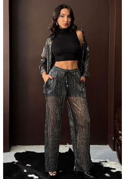 Verymoda Simli Piiseli Pantolon F2066 Siyah Gümüş