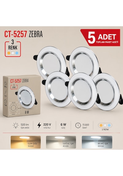 Ct-5257 Zebra Led Spot 3 Renk Işık 5 Adet Beyaz