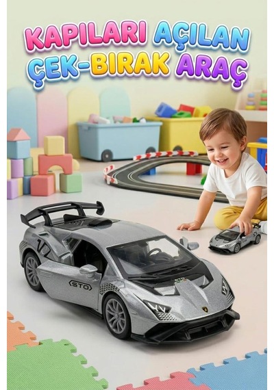 Çek-bırak Mekanizmalı 12cm Süper Sport Model Kapıları Açılabilir Metal Oyuncak Yarış Arabası Gri