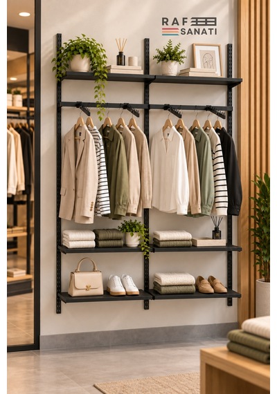 120 Cm Duvar Raf Askılık Sistemi 6 Raflı 2 Modül 200 Cm Konik Dikme Hazır Set Siyah