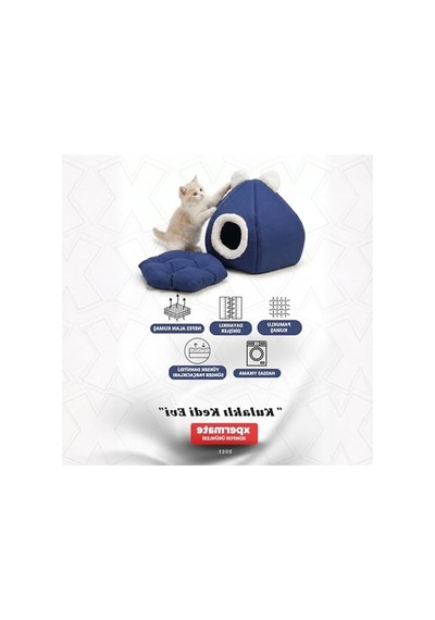 Kapalı Kedi Yatağı, Çıkarılabilir Minderli, Lacivert Renk