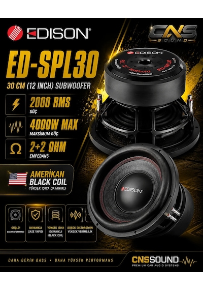 Edison Ed-spl30 30 Cm 2000 Rms 4000w 2+2 Ohm Amerikan Black Coil Oto Bass Subwoofer