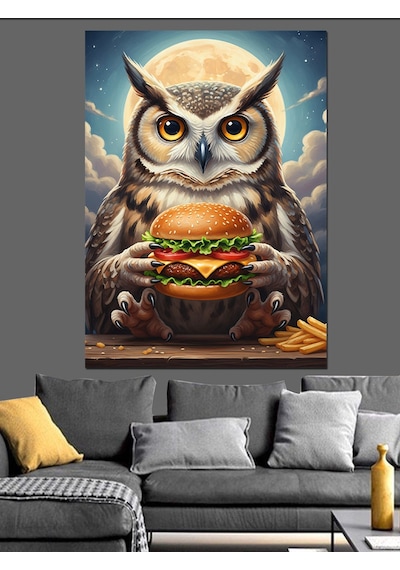 Ahşap Tablo Burger Yiyen Bilge Baykuş Dekoratif Tablolar