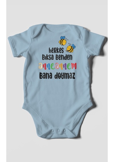 Herkes Bıksa Benden Anneannem Bana Doymaz Baskılı Bebek Zıbını %100 Pamuk Kısa Kol Bebe Mavisi
