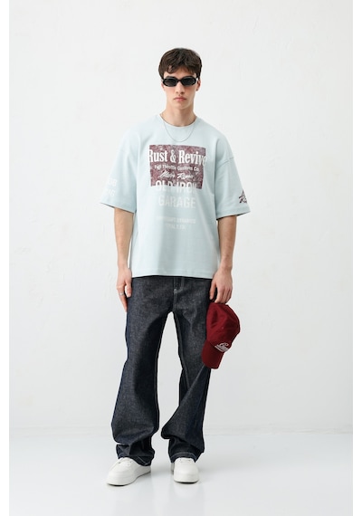 Vamos Oversize Baskılı Tişört V70-167 Bebe Mavi