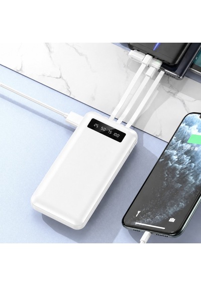 10000 Mah Powerbank 4 Ü 1 Arada Kablolu Taşınabilir Şarj Cihazı Dijital Göstergeli Type-c Micro Usb Lightning Usb-a Uyumlu Beyaz