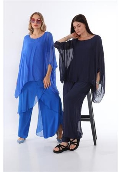 Bohem Stil İtalyan Yarasa Kollu İpek Bluz-9220 Lacivert