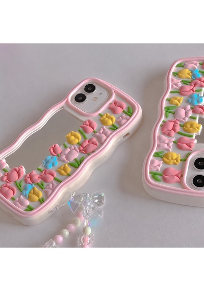 İphone 11 Uyumlu - Aynalı Ve Lale Desenli Yumuşacık Hamur, Boncuk Bileklik Kılıf Pembe