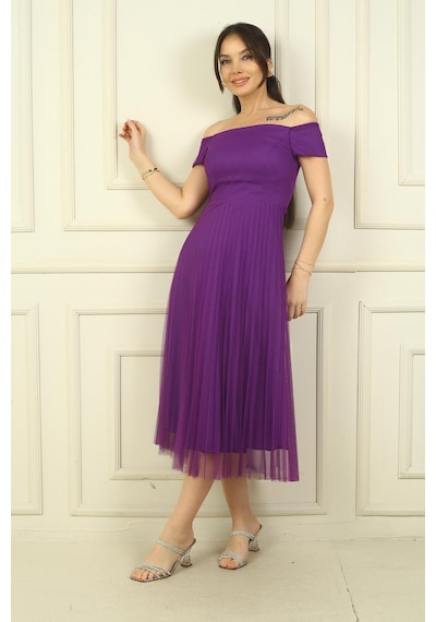 By Saygı Madonna Yaka Astarlı Eteği Şifon Pilisoley Elbise-40140 Mor