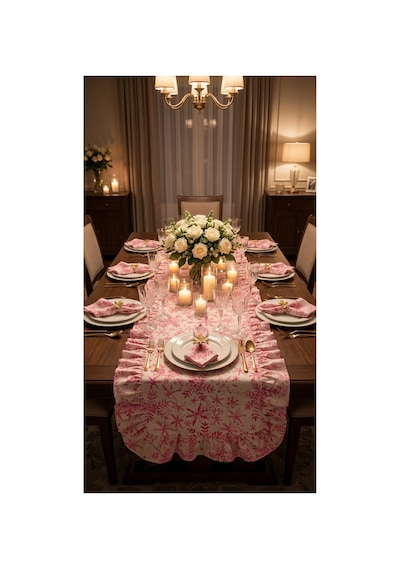 %100 Pamuk Simli Kumaş Pembe Desenli Fırfırlı Runner 40x150 Pembe - 890027440 Pembe
