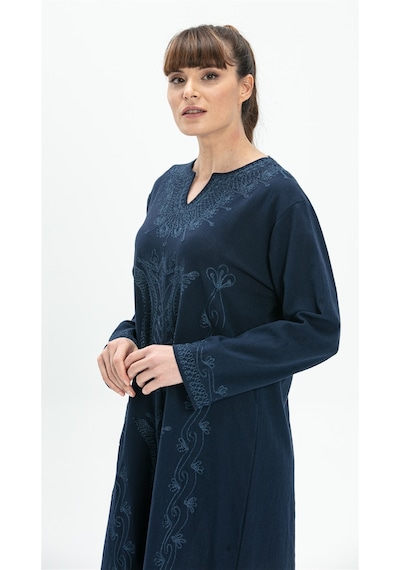 Eliş Şile Bezi Uzun Kol Şile Bezi Simli Kaftan Midi Boy Elbise Lacivert Lcvt