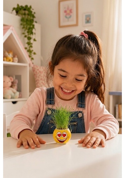 Emoji Figürlü Çim Adam Oyuncak Toprak Tohumlu Dekoratif Saksı Çocuk Eğitici Bitki 6 cm