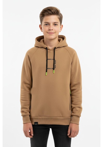 Kapüşonlu Fermuarlı Cepli Erkek Çocuk Sweatshirt-90917 Kahverengi