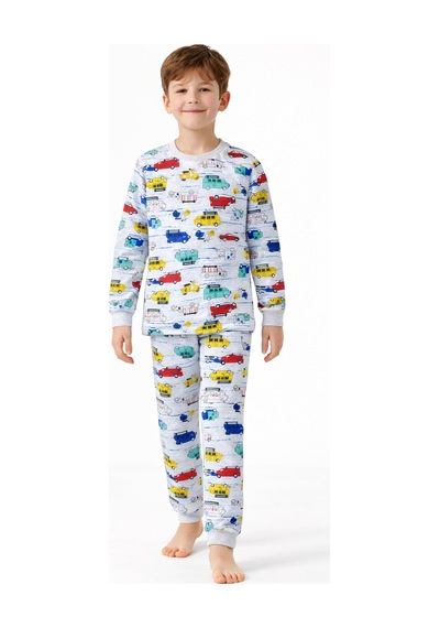 Free Beka Araba Desenli Erkek Çocuk Uzun Kollu Pamuklu Alt Üst Pijama Takımı Gri