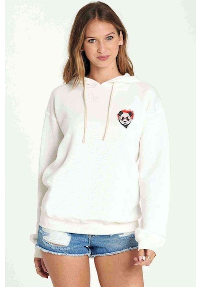Gözlüklü Panda Cep Baskılı Beyaz Kadın Kapşonlu Sweatshirt (534764264)