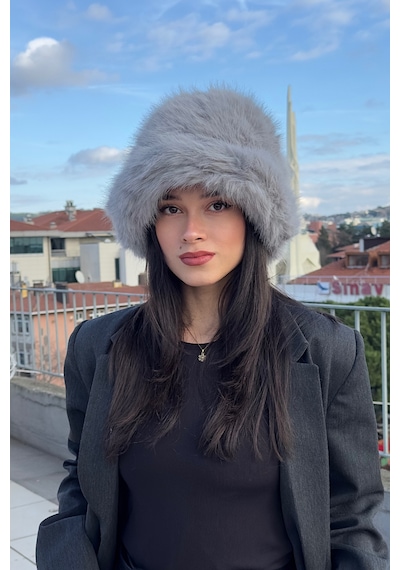 Mollycrush Suni Kürk Bucket Kalpak Şapka Peluş Kışlık Luxury Gri Kadın Şapkası Gri