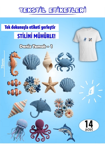 Ütü İle Yapışan Kıyafet Etiketi Deniz Temalı -1 14lü Set Karışık