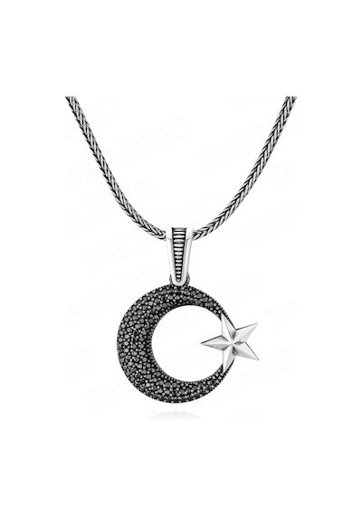Takılingo Mini Zirkon Taş İşlemeli Ayyıldız Desenli Erkek Yüzük Kolye Takı Seti Gümüş