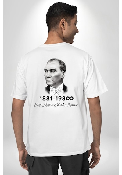 Atatürk 10 Kasım Anma Beyaz Oversize Unisex Ön Ve Sırt Baskılı Tişört Beyaz