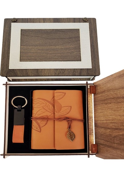 Özel Ahşap Kutulu Taba Deri Defter Ve Anahtarlık Set -