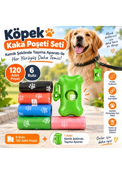 Köpek Kaka Poşeti Seti 120 Adet 6 Rulo + Kemik Şeklinde Taşıma Aparatı