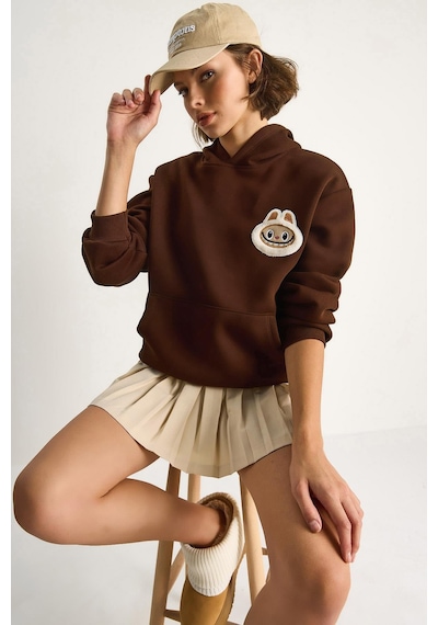 Shade Kadın Nakış İşlemeli Kapüşonlu Kanguru Cepli Sweatshirt 6045 60284098 - Kahve