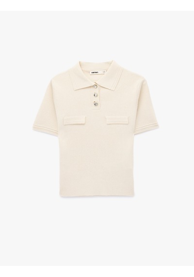 Koton Slim Fit Yarım Düğme Detaylı Kısa Kollu Polo Yaka Triko Kazak Krema 6sak90022ht