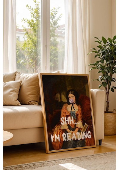 Saturn Shh I'm Reading Çerçeveli Tablo Klasik Portre Kitap Okuyan Kadın Kütüphane Ve Çalışma Odası Dekoru Altered Art