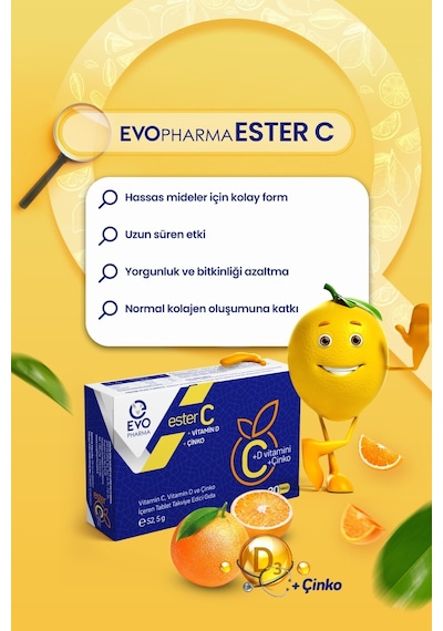 Evo Pharma Ester C - D Vitamini ve Çinko İçeren Takviye Edici Gıda 30 Tablet