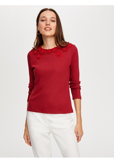 Dantel Çiçek Aplikeli Yuvarlak Yaka Kaşkorse Tshirt W26tsh070 Uw26tsh07040 Bordo