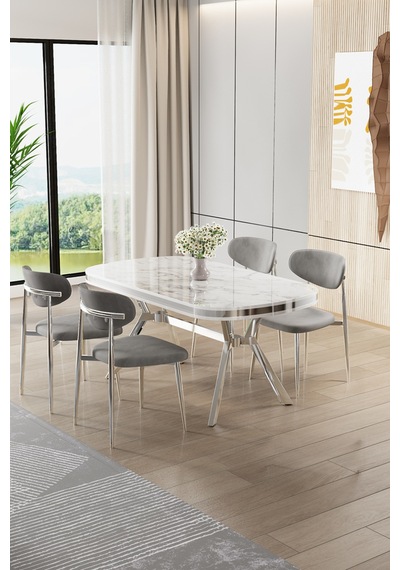 Canisa Olya Serisi 90x168 Lak Panel Beyaz Mermer Desen Masa Takımı Krom Ayaklı 4 Gri Sandalye Beyaz Mermer Masa Gri Sandalye Canisa Olya Serisi 90x168 Lak Panel Beyaz Mermer Desen Masa Takımı Krom Ayaklı 4 Gri Sandalye Beyaz Mermer Masa Gri Sandalye