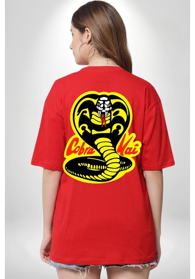 Cobra Kai Karete Çocuk Yılan Logo Dizi Kırmızı Oversize Unisex Ön Ve Sırt Baskılı Tişört Kırmızı