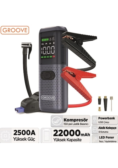 Groove Hcb002 22000mAh 2500A Akü Takviye Cihazı + Lastik Şişirme Kompresörlü Taşınabilir Jump Starter Kompresör+Powerbank+led Lamba+Lcd Ekran