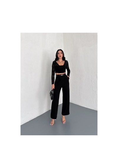 Gugus Kadın Palazzo Kemer Detaylı Bol Paça Wide Leg Pantolon Siyah