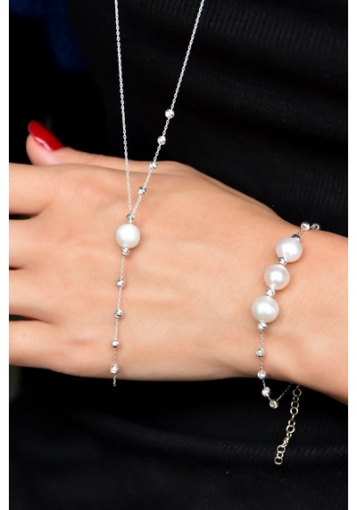 Papatya Silver 925 Ayar Gümüş Rodyum Kaplama Dorika Toplu Incili Kolye Bileklik Set
