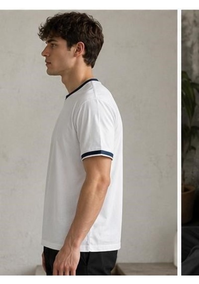 Ribana Erkek Kısa Kollu Bisiklet Yaka Şerit Detaylı Düz Renk T-shirt 4224 Beyaz