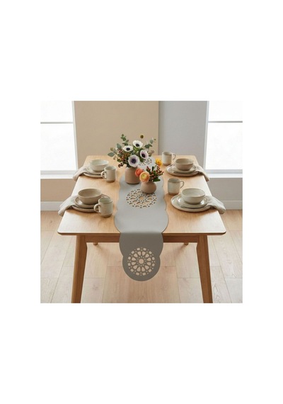 1 Adet Deri Runner-40x140 Cm-yıldız Desenli Runner Gri