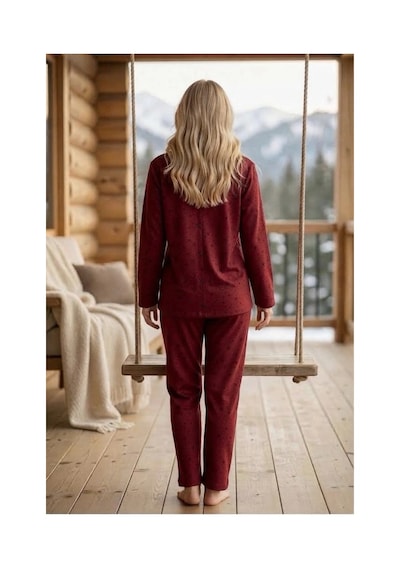 Pijamoni Kadın Süet Kumaş Önü Düğmeli Uzun Kollu Pijama Takımı Kırmızı Yıldız Desenli