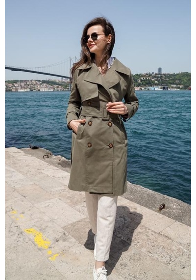 Pastelastore %100 Pamuk Gabardin Midi 95cm Astarlı Kemerli Kadın Trençkot 1113 Haki