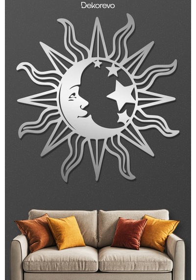 Mistik Kozmos Güneş Ve Ay Metal Duvar Dekoru - Metal Duvar Sanatı - Krom - 30 X 30 Cm