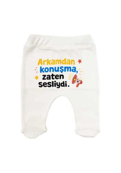 Bebegen Unisex Ekru Arkamdan Konuşma Zaten Sesliydi Baskılı Patikli Tek Alt Çok Renkli