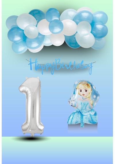 1 Yaş Frozen Tema Prenses Folyo Balon Mavi Beyaz Balon Gümüş Rakam Mavi Banner Doğum Günü Seti Çok Renkli