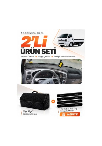 Kia Bongo 2004-2019 Uyumlu Torpido Örtüsü + Tay Tüyü Bagaj Çantası + Sticker Seti - Siyah