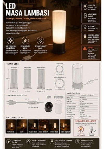 Tr Led Masa Lambası, Biyoçözünür Pla Gövde, Tpu Taban, E27 Duy, 220v, Kablo Anahtarlı, 240mm, Beyaz Ve Siyah Genel