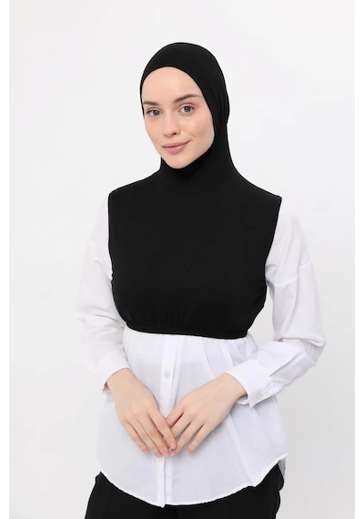 Altobeh Sıfır Kollu Boyunluklu Boneli Yarım Body Siyah Çok Renkli