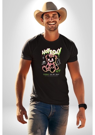 Bugün Değil Unisex Unisex Siyah Organik Baskılı T-shirt Penye Yüksek Kalite Siyah
