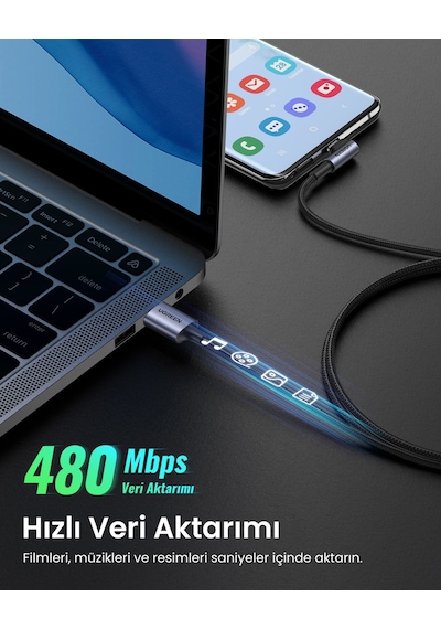 Ugreen Usb-c To Usb-a 3a Qc 90 Derece Hızlı Şarj Kablosu, 1 Metre, Uzay Girişi, 50941