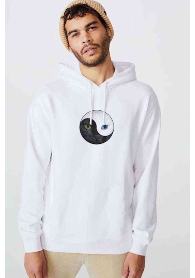 Ying Yang Cat Kedi Baskılı Beyaz Erkek Kapşonlu Sweatshirt